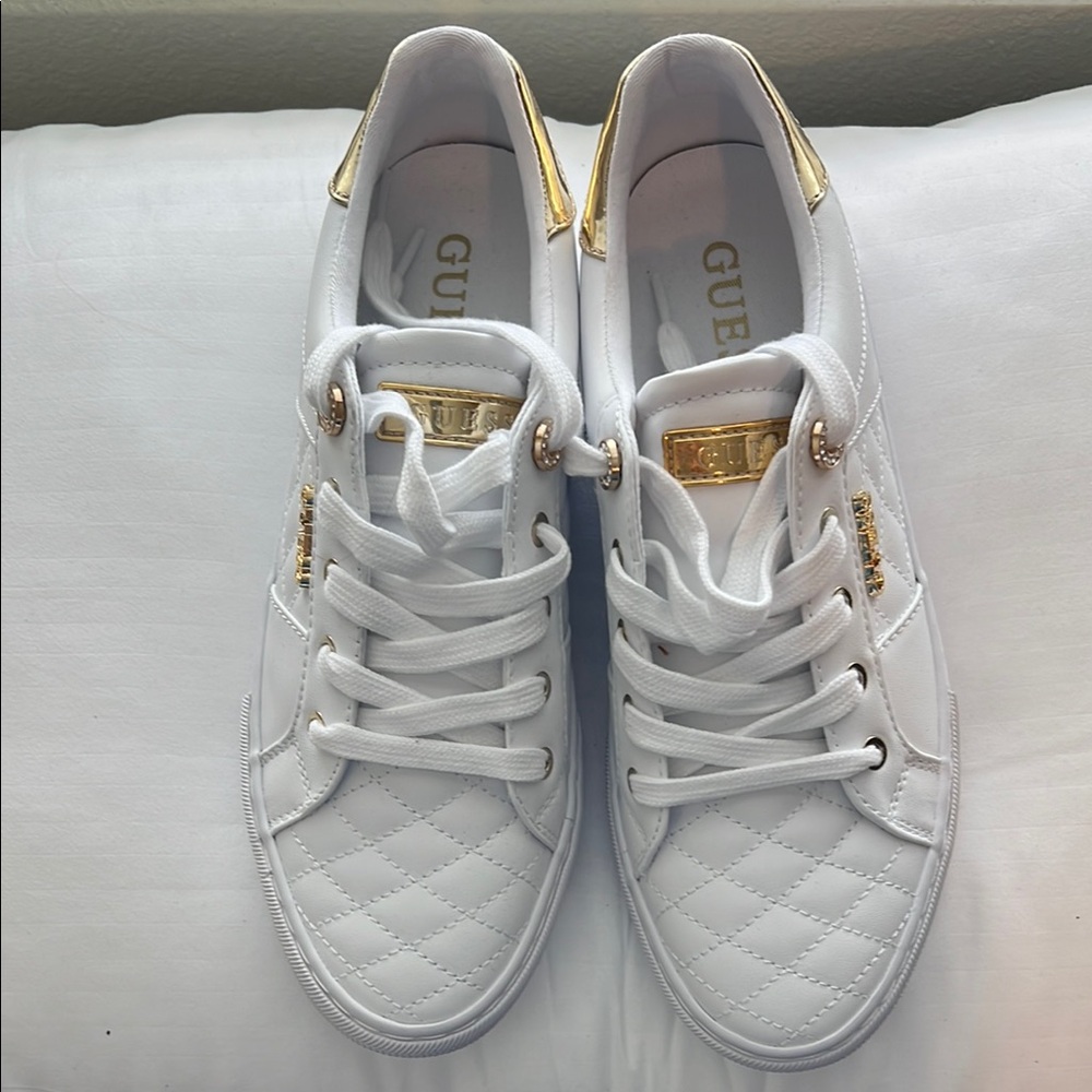 Guess White and Gold Quilted Sneakers